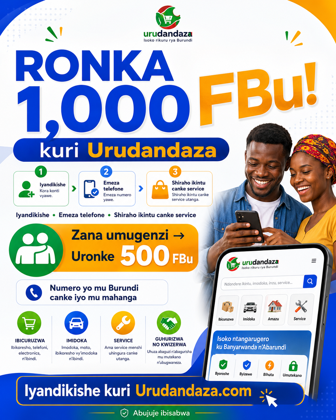 Ronka 1,000 FBu kuri Urudandaza: iyandikishe, emeza telefone, ushireho ikintu canke service